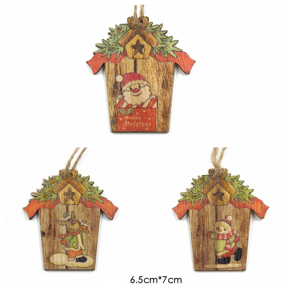 HKM-547923 Wooden House Shape Christmas Elk Pendant - Set of 3 Hanging Ornaments for Festive Home Decor