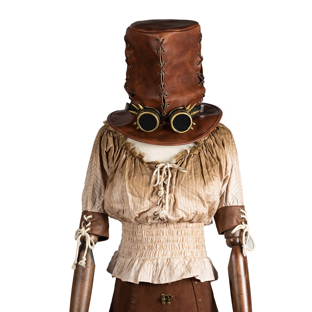 HKM-548243 Vintage Steampunk Top Hat in Brown PU Leather for Adults