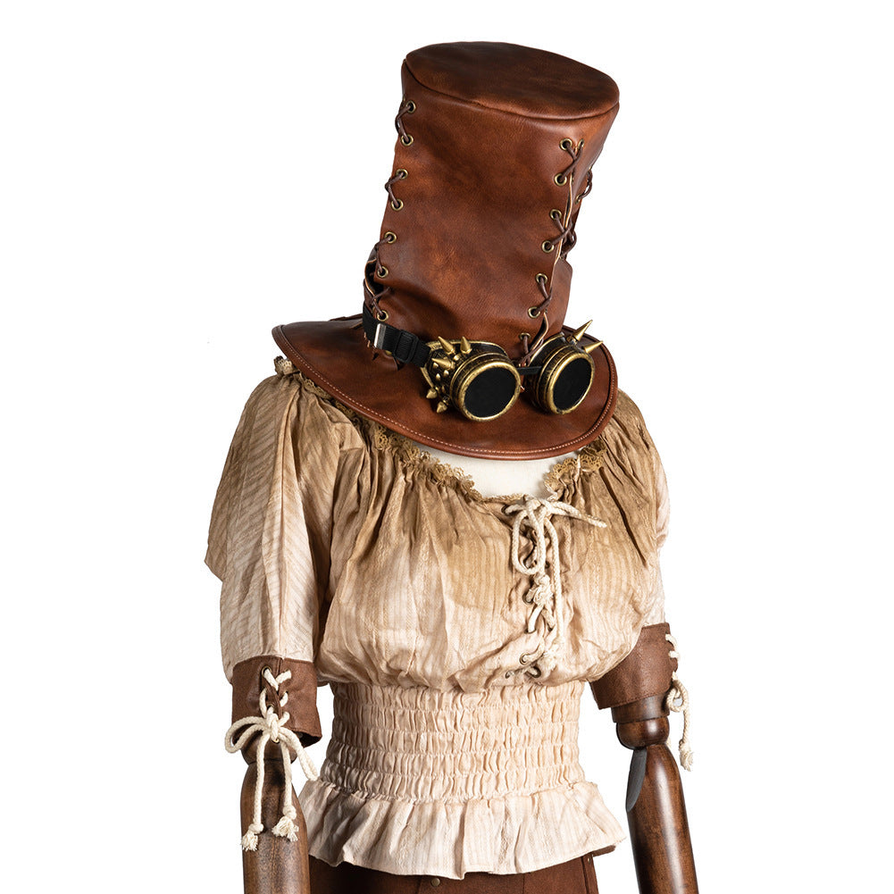 HKM-548243 Vintage Steampunk Top Hat in Brown PU Leather for Adults