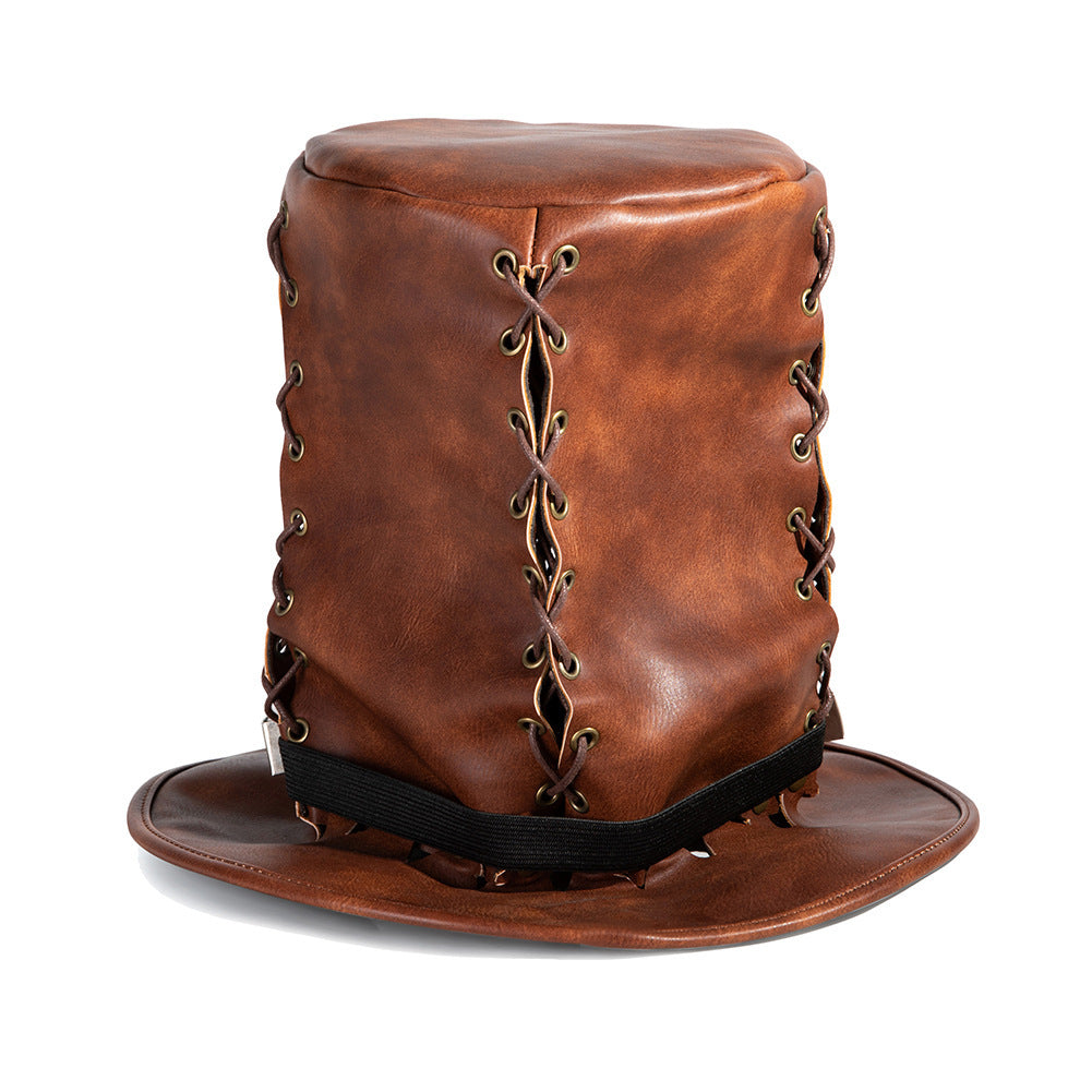 HKM-548243 Vintage Steampunk Top Hat in Brown PU Leather for Adults