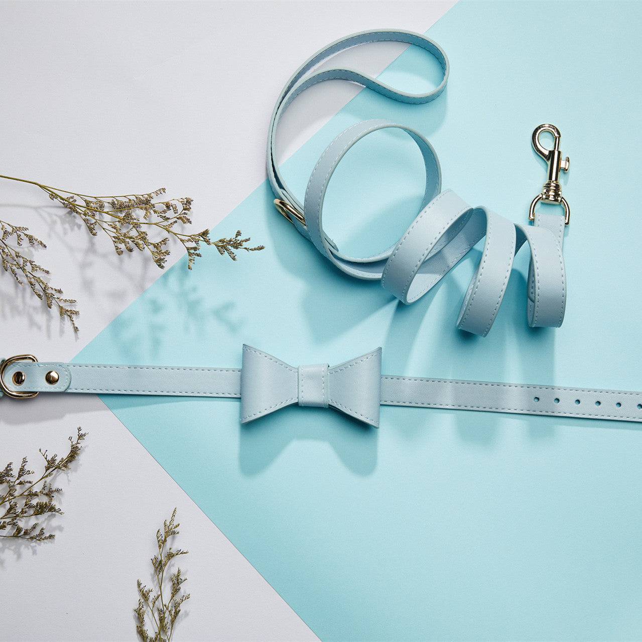 HKM-548307 Adorable Solid Color Bow Collar and Leash Set for Pets - Available in Blue and Pink