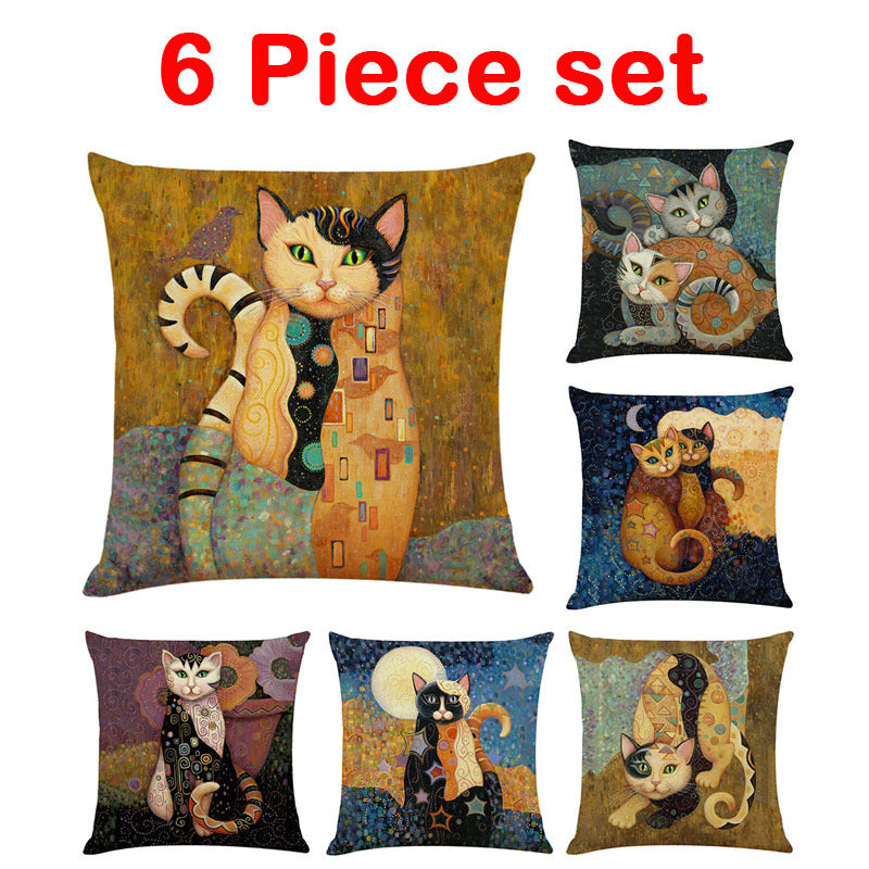 HKM-548755 Artistic Cat Print Pillowcase in Cotton and Linen Blend, 45x45 cm, with Invisible Zipper