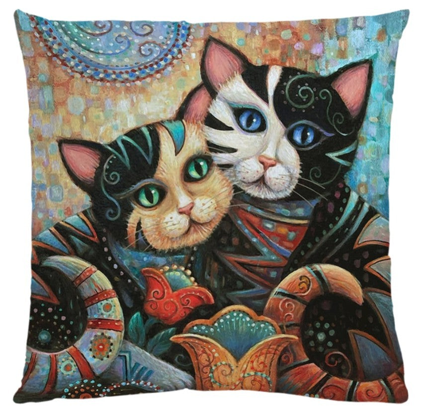 HKM-548755 Artistic Cat Print Pillowcase in Cotton and Linen Blend, 45x45 cm, with Invisible Zipper