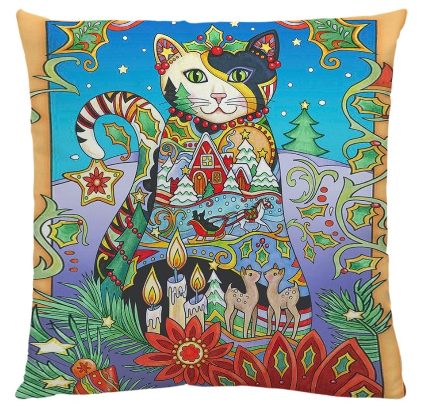 HKM-548755 Artistic Cat Print Pillowcase in Cotton and Linen Blend, 45x45 cm, with Invisible Zipper