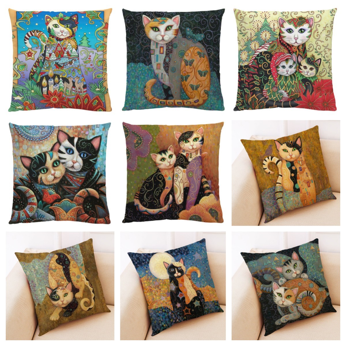 HKM-548755 Artistic Cat Print Pillowcase in Cotton and Linen Blend, 45x45 cm, with Invisible Zipper
