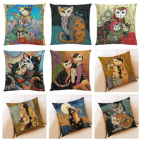HKM-548755 Artistic Cat Print Pillowcase in Cotton and Linen Blend, 45x45 cm, with Invisible Zipper
