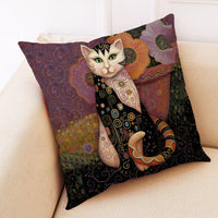 HKM-548755 Artistic Cat Print Pillowcase in Cotton and Linen Blend, 45x45 cm, with Invisible Zipper