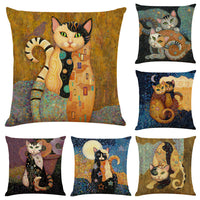 HKM-548755 Artistic Cat Print Pillowcase in Cotton and Linen Blend, 45x45 cm, with Invisible Zipper