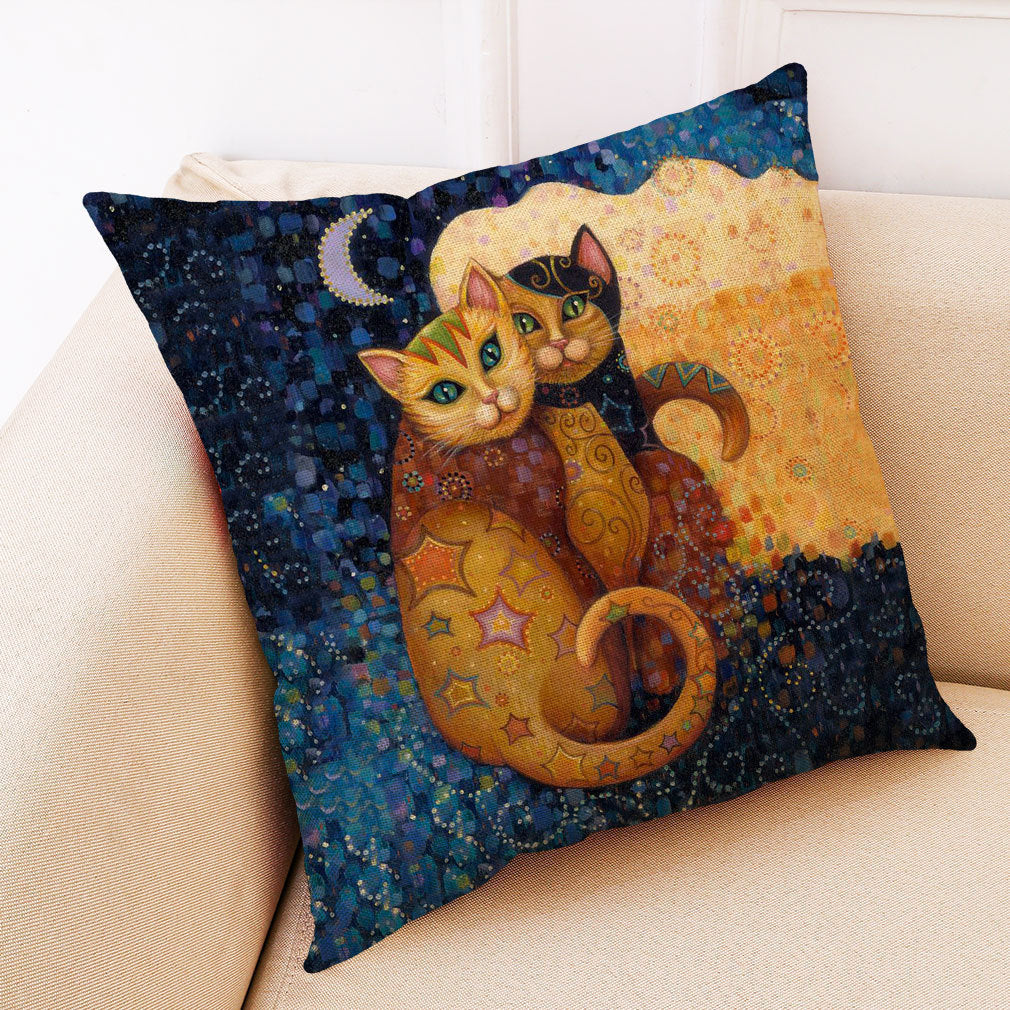 HKM-548755 Artistic Cat Print Pillowcase in Cotton and Linen Blend, 45x45 cm, with Invisible Zipper