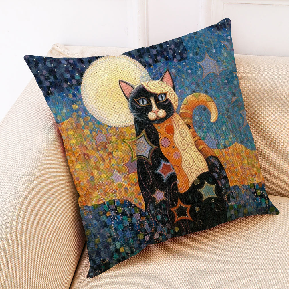 HKM-548755 Artistic Cat Print Pillowcase in Cotton and Linen Blend, 45x45 cm, with Invisible Zipper