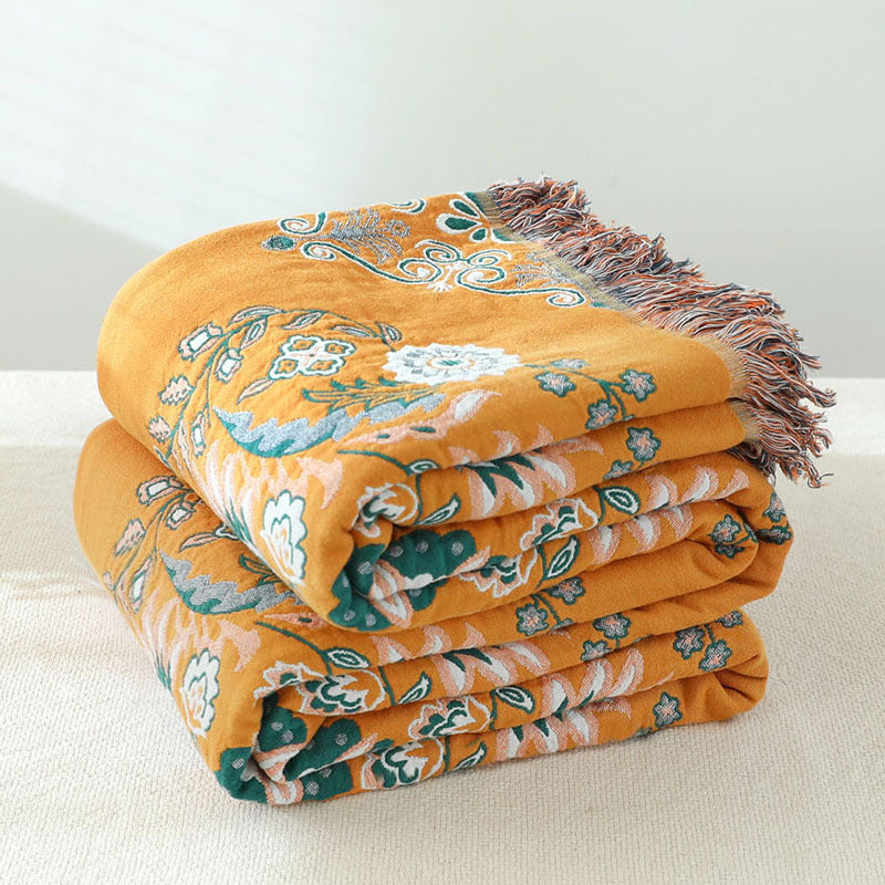 HKM-549267 European Style Cotton Gauze Fringed Sofa Cover in Yellow Orange with Floral Pattern, 150x200cm and 200x230cm Options