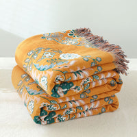 HKM-549267 European Style Cotton Gauze Fringed Sofa Cover in Yellow Orange with Floral Pattern, 150x200cm and 200x230cm Options