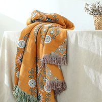 HKM-549267 European Style Cotton Gauze Fringed Sofa Cover in Yellow Orange with Floral Pattern, 150x200cm and 200x230cm Options