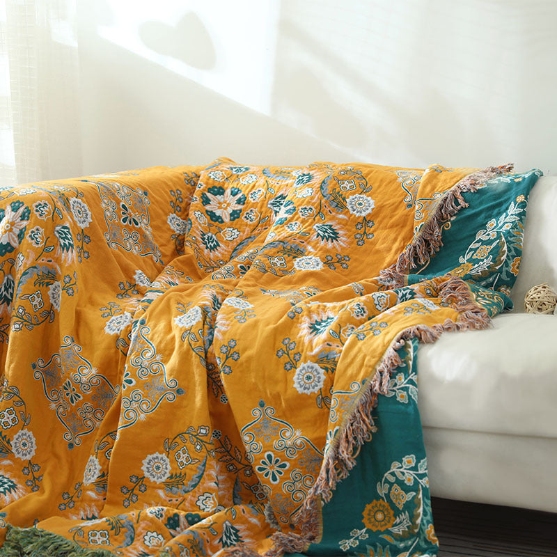 HKM-549267 European Style Cotton Gauze Fringed Sofa Cover in Yellow Orange with Floral Pattern, 150x200cm and 200x230cm Options