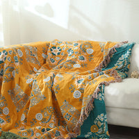 HKM-549267 European Style Cotton Gauze Fringed Sofa Cover in Yellow Orange with Floral Pattern, 150x200cm and 200x230cm Options