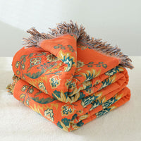 HKM-549267 European Style Cotton Gauze Fringed Sofa Cover in Yellow Orange with Floral Pattern, 150x200cm and 200x230cm Options