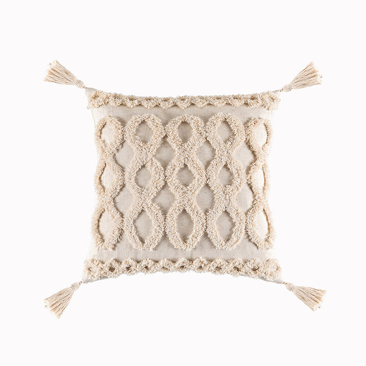 HKM-549331 Bohemian Geometric Tufted Cushion Cover with Tassels - Apricot Cotton Pillow Cover 45x45cm