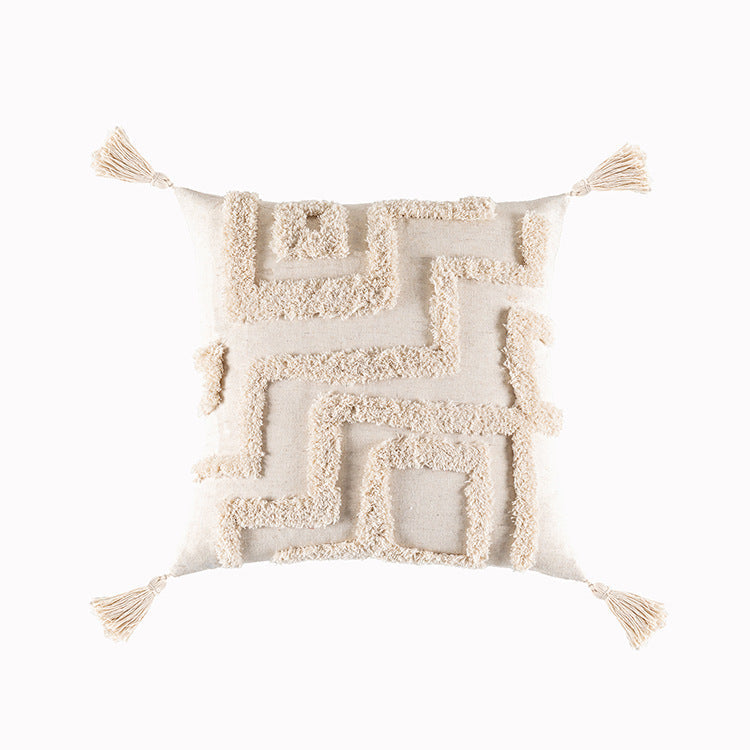 HKM-549331 Bohemian Geometric Tufted Cushion Cover with Tassels - Apricot Cotton Pillow Cover 45x45cm