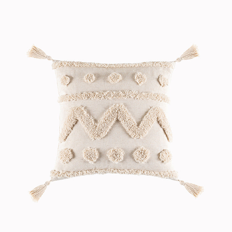 HKM-549331 Bohemian Geometric Tufted Cushion Cover with Tassels - Apricot Cotton Pillow Cover 45x45cm