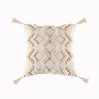 HKM-549331 Bohemian Geometric Tufted Cushion Cover with Tassels - Apricot Cotton Pillow Cover 45x45cm