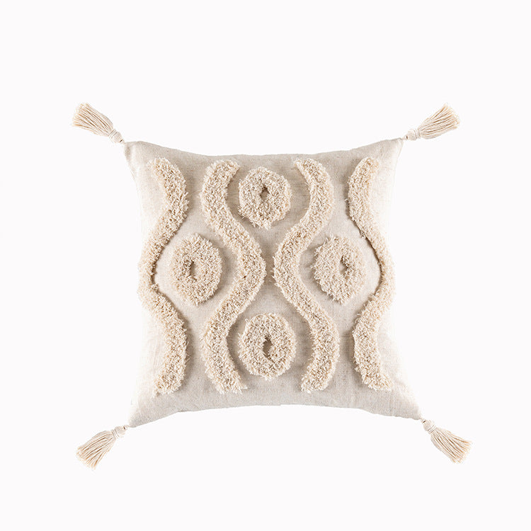 HKM-549331 Bohemian Geometric Tufted Cushion Cover with Tassels - Apricot Cotton Pillow Cover 45x45cm