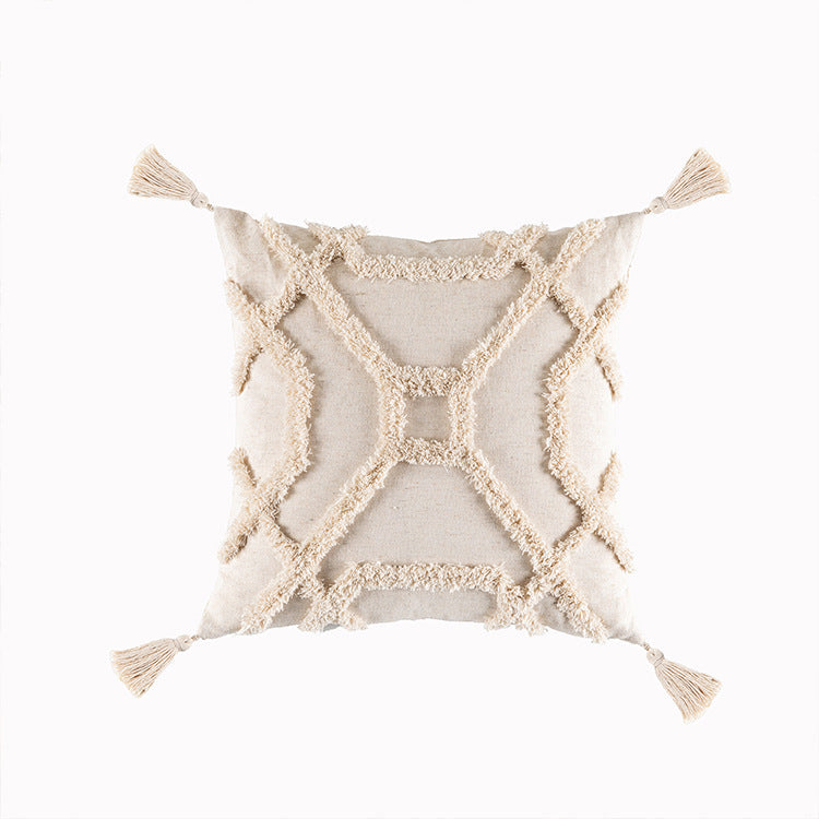 HKM-549331 Bohemian Geometric Tufted Cushion Cover with Tassels - Apricot Cotton Pillow Cover 45x45cm