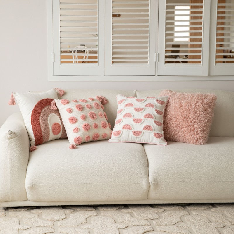 HKM-549395 Modern Polka Dot Pillow Cover with Tassels, 45cm, Pink Rainbow and Milky White Velvet