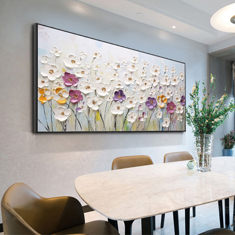 HKM-550035 Hand-Painted Abstract Little White Flower Canvas Oil Painting for Modern Home Decor