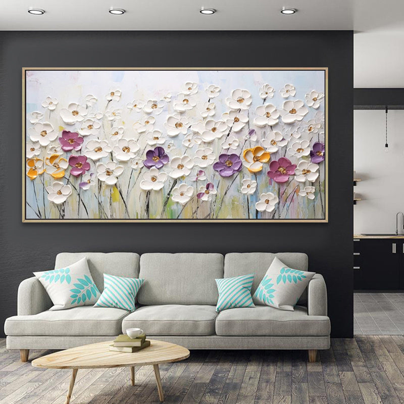 HKM-550035 Hand-Painted Abstract Little White Flower Canvas Oil Painting for Modern Home Decor