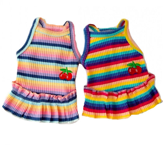 HKM-550867 Color Striped Cherry Princess Dress for Pets in Purple and Blue, Multiple Sizes Available