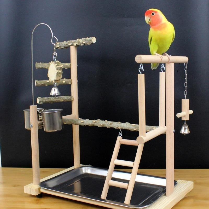 HKM-551187 Wooden Parrot Stand with Tiger Skin Peony Design, Pepper Wood Construction