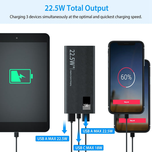 HKM-552659 Portable 10000mAh Power Bank with 22.5W Fast Charging, PD QC 3.0, LED Display, Compatible with iPhone and Samsung Devices
