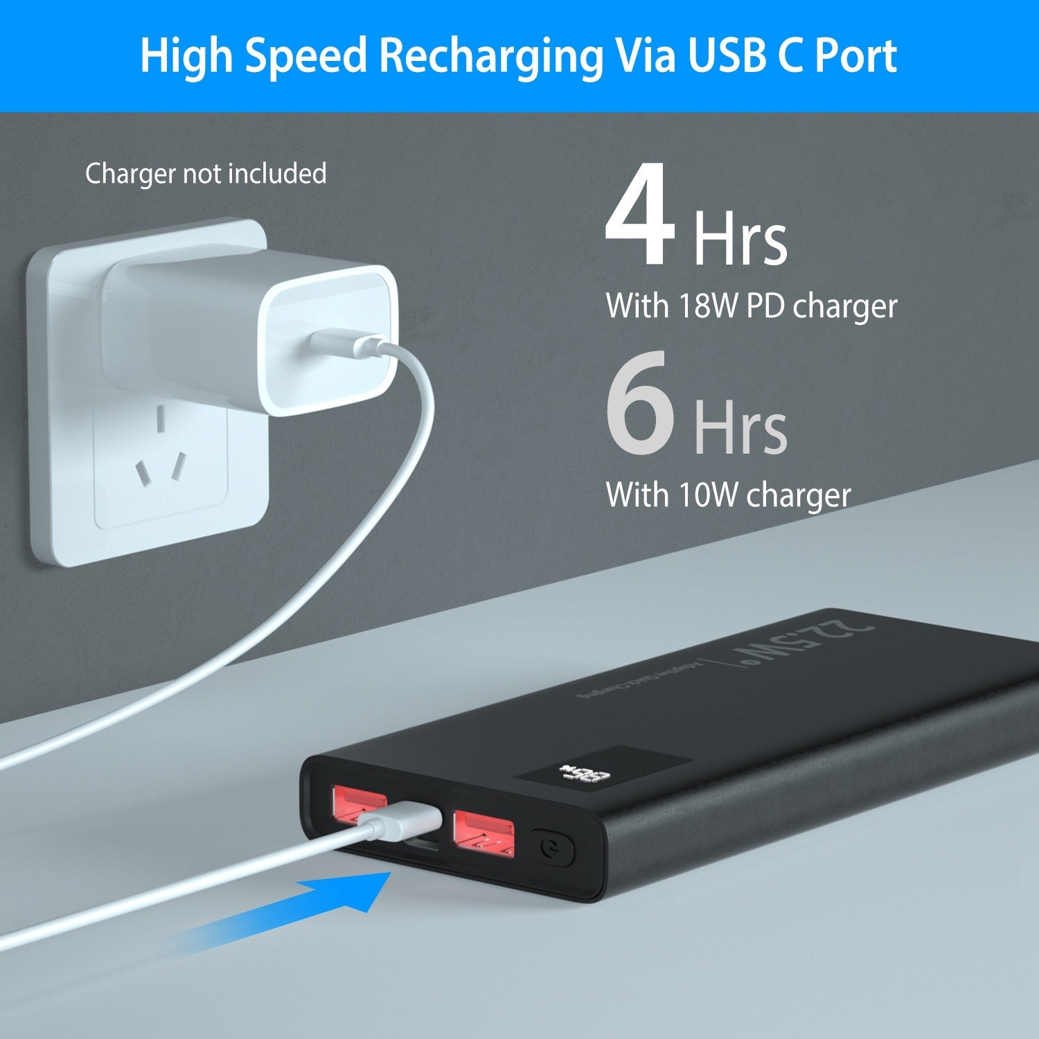 HKM-552659 Portable 10000mAh Power Bank with 22.5W Fast Charging, PD QC 3.0, LED Display, Compatible with iPhone and Samsung Devices