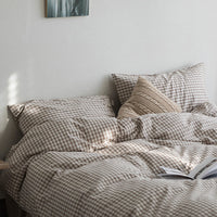 HKM-552723 Beige Plaid Washed Cotton Bedding Set – 4-Piece Quilt Cover for Double & Single Beds
