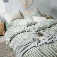 HKM-552723 Beige Plaid Washed Cotton Bedding Set – 4-Piece Quilt Cover for Double & Single Beds