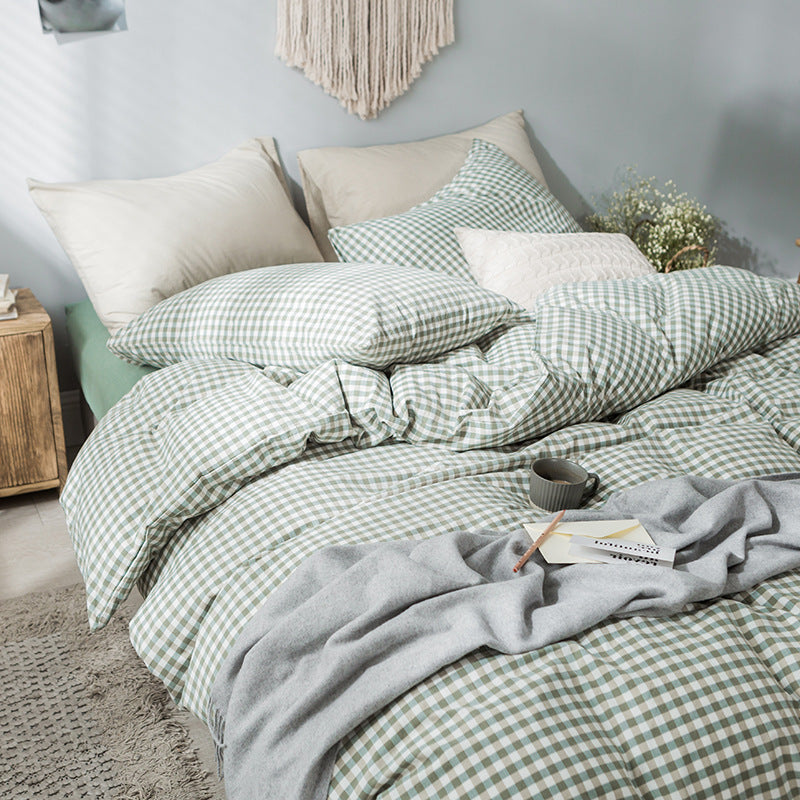 HKM-552723 Beige Plaid Washed Cotton Bedding Set – 4-Piece Quilt Cover for Double & Single Beds