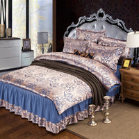 HKM-553555 Satin Jacquard Bedspread Set with Bed Skirt - Plant Floral Design, Yellow, Fits 1.8m Bed