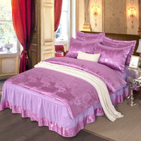 HKM-553555 Satin Jacquard Bedspread Set with Bed Skirt - Plant Floral Design, Yellow, Fits 1.8m Bed