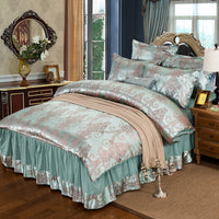HKM-553555 Satin Jacquard Bedspread Set with Bed Skirt - Plant Floral Design, Yellow, Fits 1.8m Bed