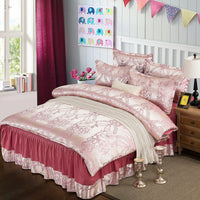 HKM-553555 Satin Jacquard Bedspread Set with Bed Skirt - Plant Floral Design, Yellow, Fits 1.8m Bed