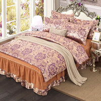 HKM-553555 Satin Jacquard Bedspread Set with Bed Skirt - Plant Floral Design, Yellow, Fits 1.8m Bed