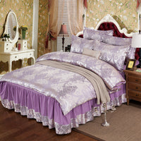 HKM-553555 Satin Jacquard Bedspread Set with Bed Skirt - Plant Floral Design, Yellow, Fits 1.8m Bed
