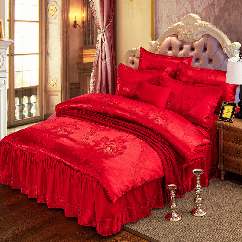 HKM-553555 Satin Jacquard Bedspread Set with Bed Skirt - Plant Floral Design, Yellow, Fits 1.8m Bed