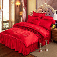 HKM-553555 Satin Jacquard Bedspread Set with Bed Skirt - Plant Floral Design, Yellow, Fits 1.8m Bed