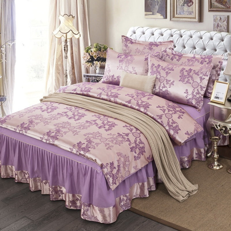 HKM-553555 Satin Jacquard Bedspread Set with Bed Skirt - Plant Floral Design, Yellow, Fits 1.8m Bed
