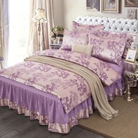 HKM-553555 Satin Jacquard Bedspread Set with Bed Skirt - Plant Floral Design, Yellow, Fits 1.8m Bed