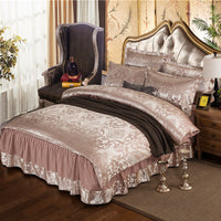 HKM-553555 Satin Jacquard Bedspread Set with Bed Skirt - Plant Floral Design, Yellow, Fits 1.8m Bed
