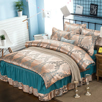 HKM-553555 Satin Jacquard Bedspread Set with Bed Skirt - Plant Floral Design, Yellow, Fits 1.8m Bed