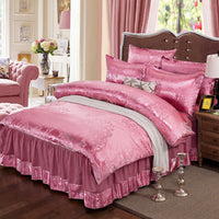 HKM-553555 Satin Jacquard Bedspread Set with Bed Skirt - Plant Floral Design, Yellow, Fits 1.8m Bed