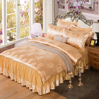 HKM-553555 Satin Jacquard Bedspread Set with Bed Skirt - Plant Floral Design, Yellow, Fits 1.8m Bed
